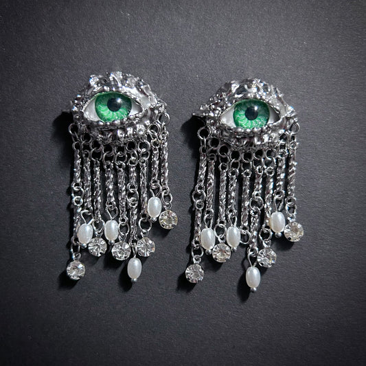Green Eyes & Baroque Pearl Silver Fringe Surrealist Earrings