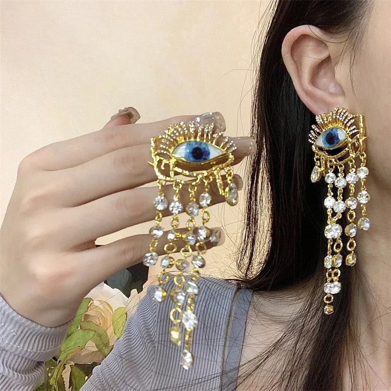 Blue Eye & Long Rhinestone Fringe Gold Earrings