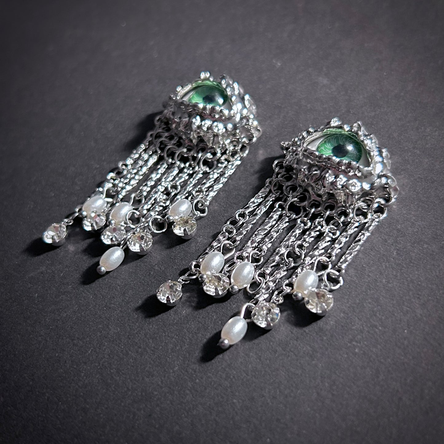 Green Eyes & Baroque Pearl Silver Fringe Surrealist Earrings