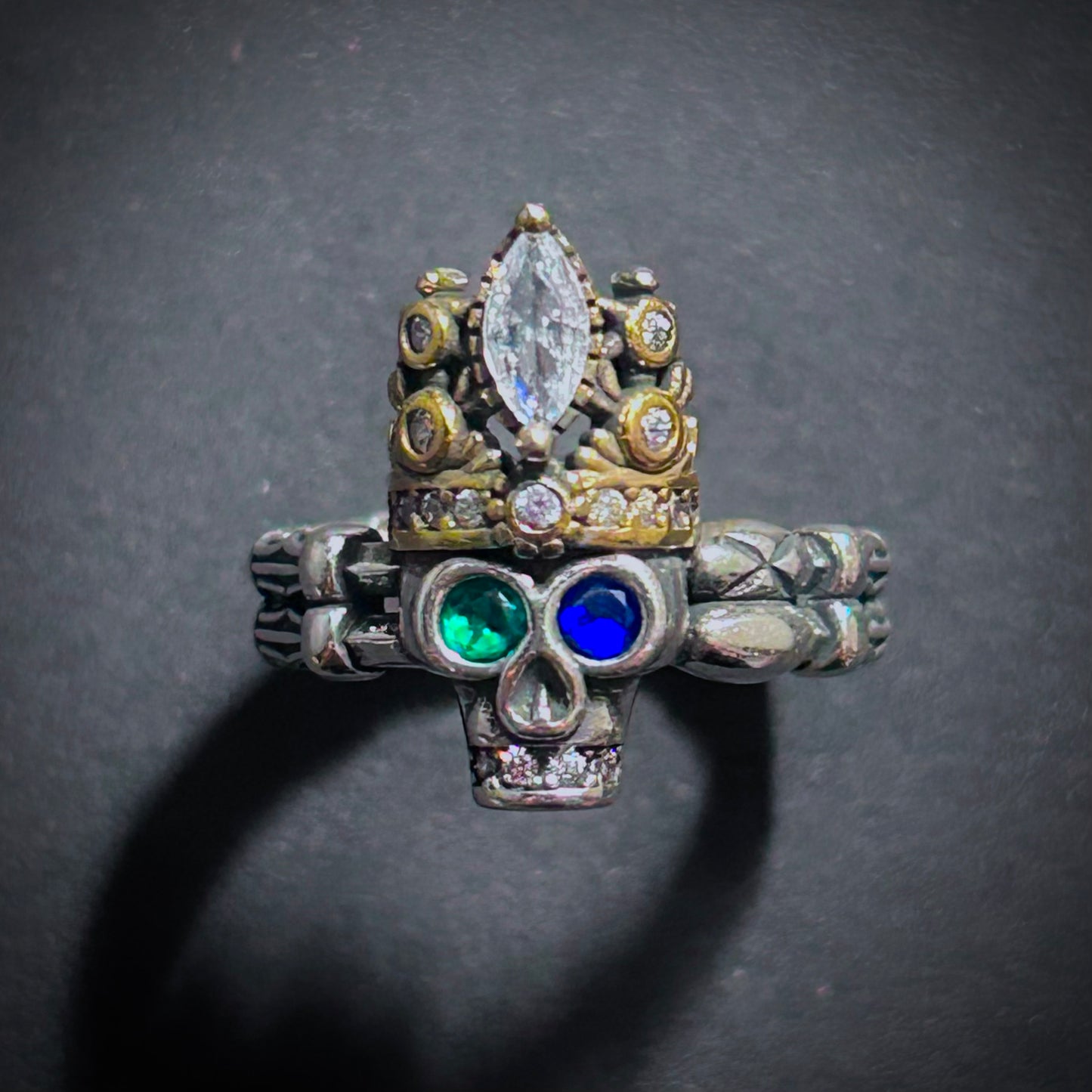 Skull, Crown & Rhinestones Mixed Metal Ring