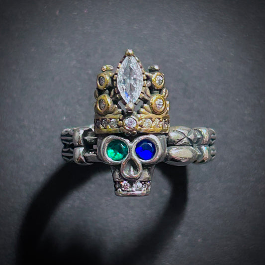 Skull, Crown & Rhinestones Mixed Metal Ring