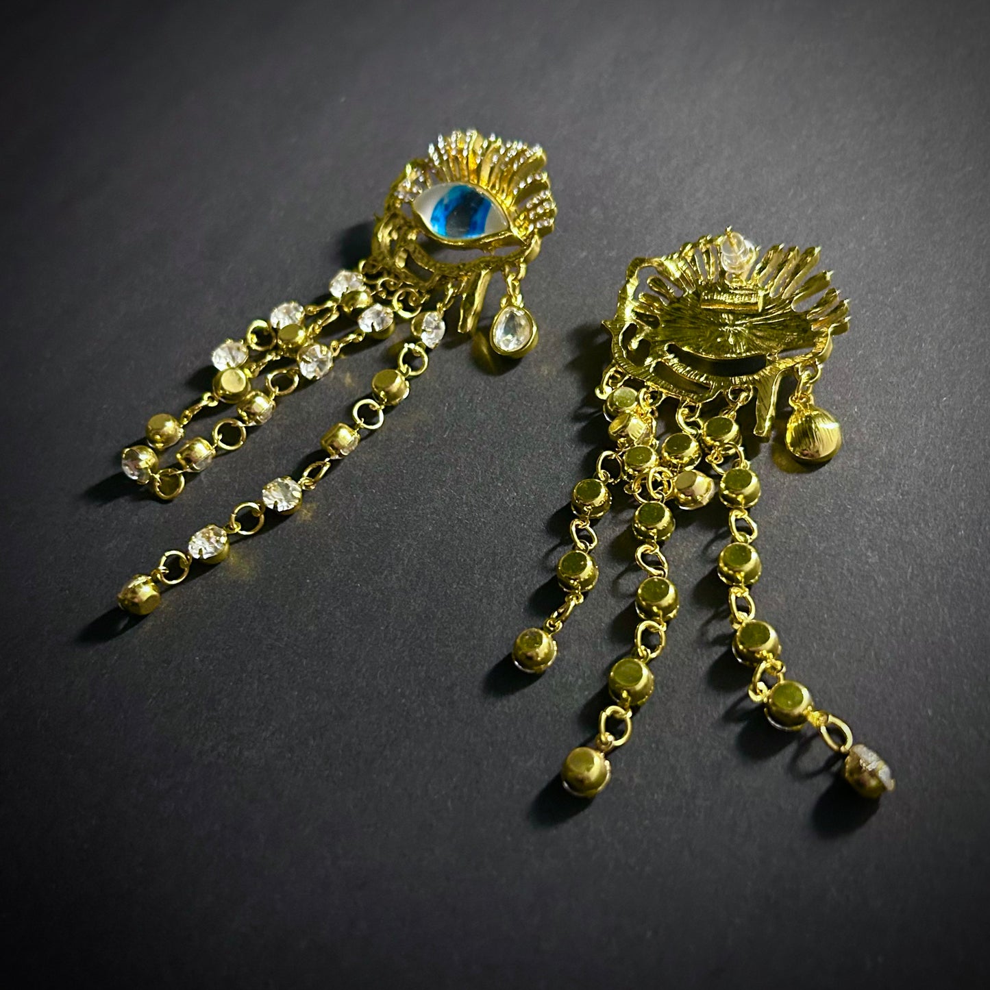 Blue Eye & Long Rhinestone Fringe Gold Earrings