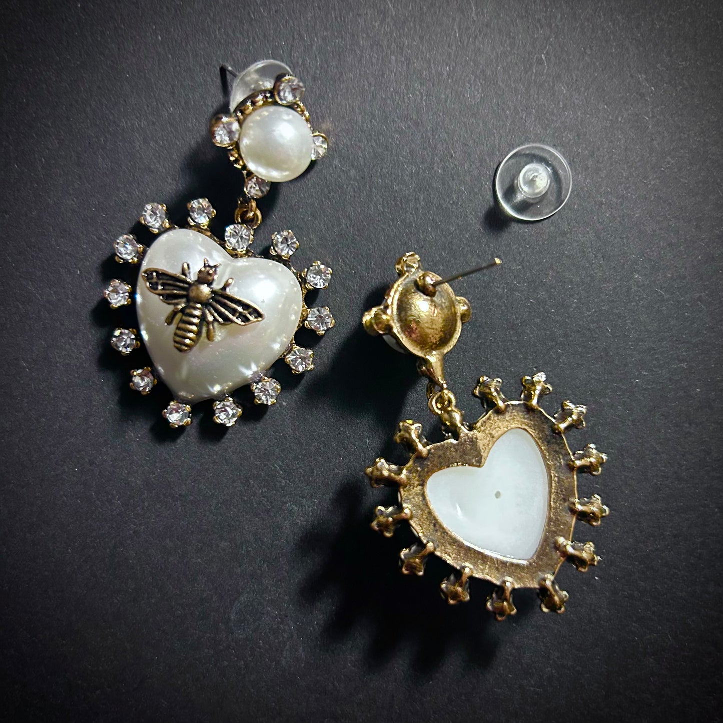 Pearl, Bee & Rhinestone Heart Antiqued Gold Stud Statement Earrings