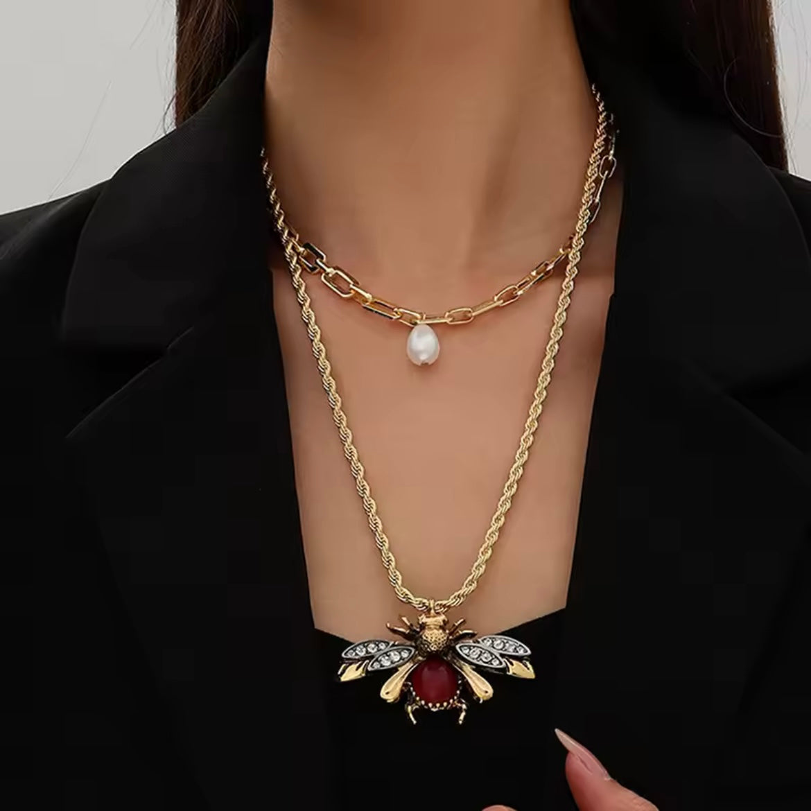 Bee, Ruby & White Pearl Two Row Gold Necklace