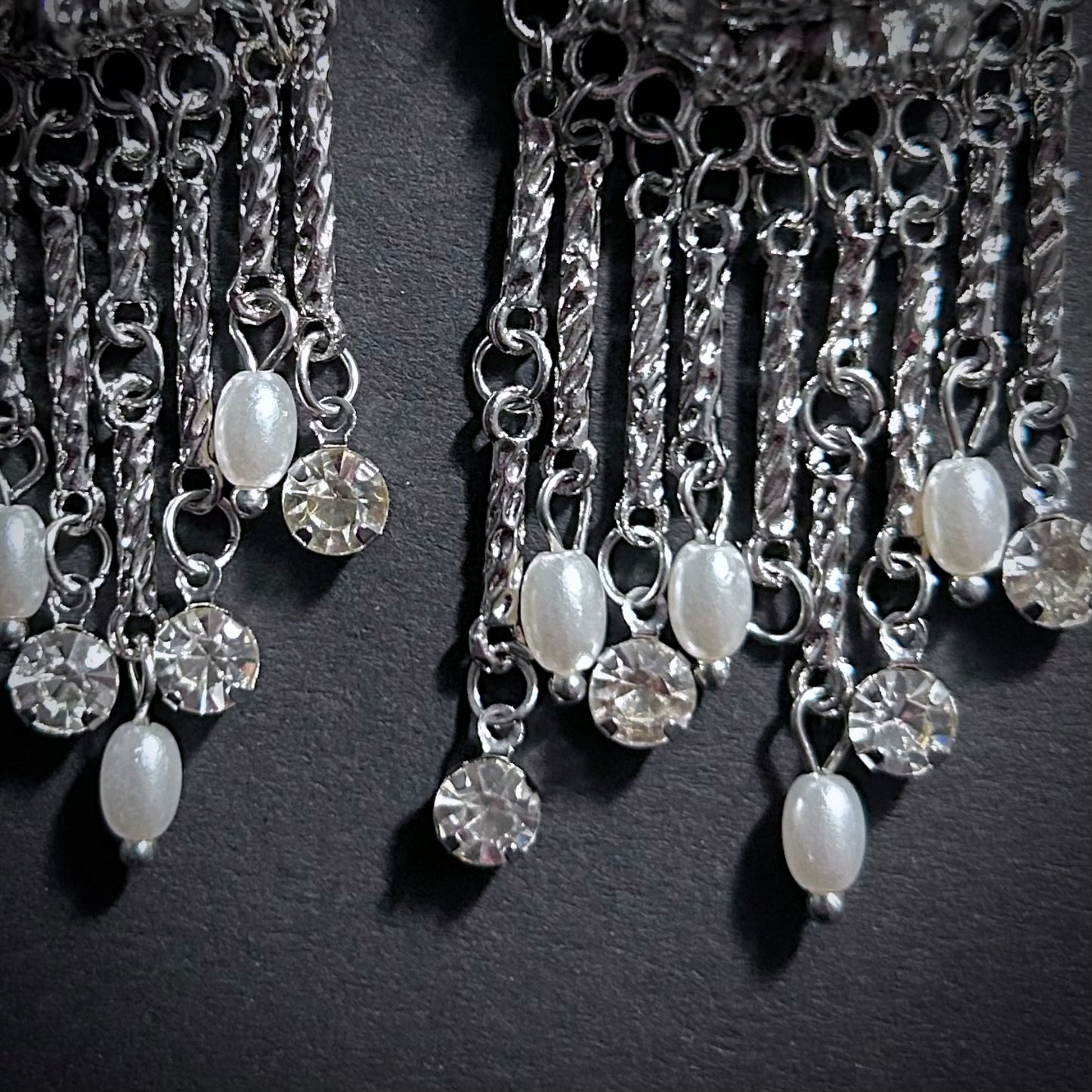 Green Eyes & Baroque Pearl Silver Fringe Surrealist Earrings