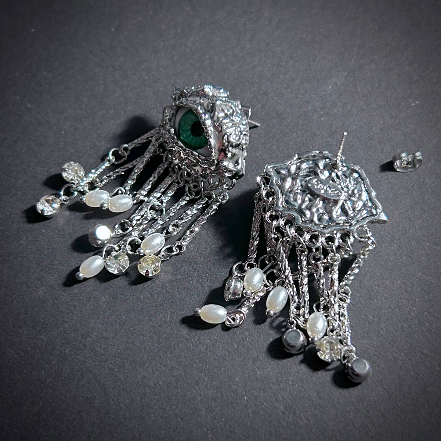 Green Eyes & Baroque Pearl Silver Fringe Surrealist Earrings