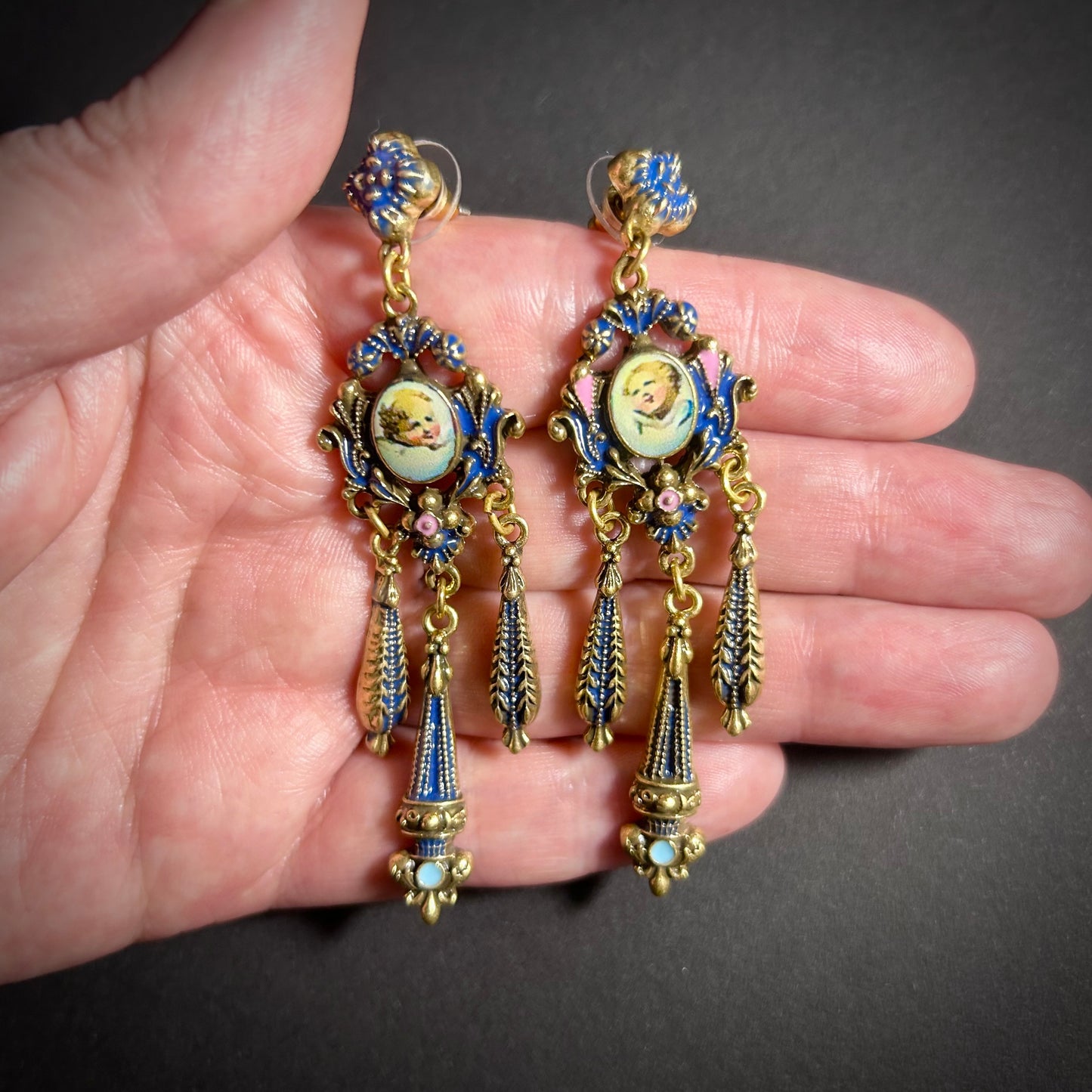 Rococo Enamel, Milgrain & Cherub Chandelier Earrings in Gold & Dark Blue