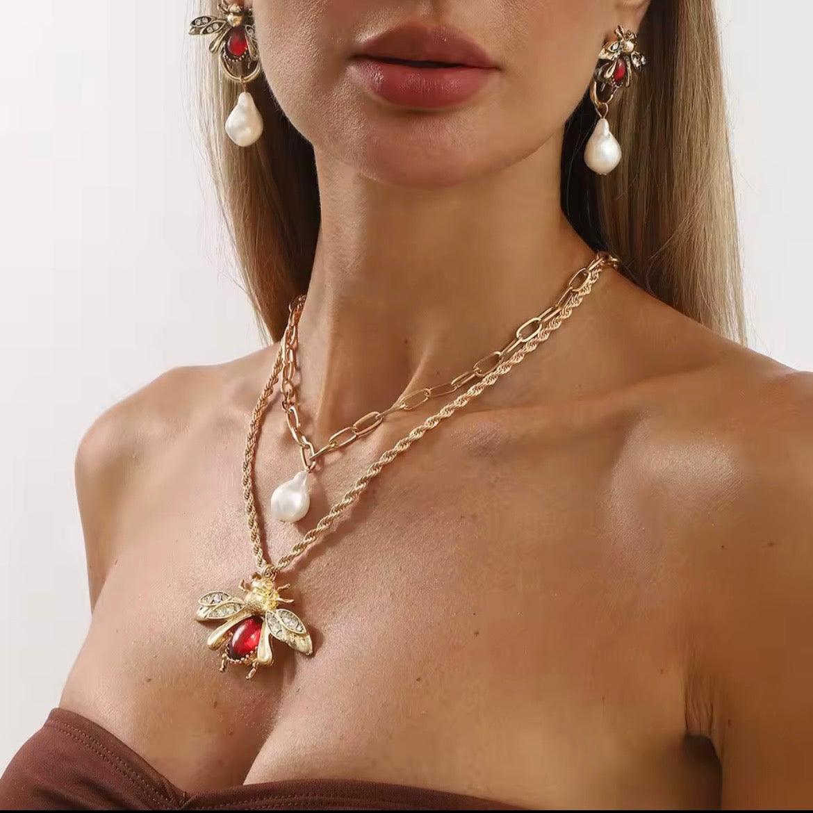 Bee, Ruby & White Pearl Two Row Gold Necklace