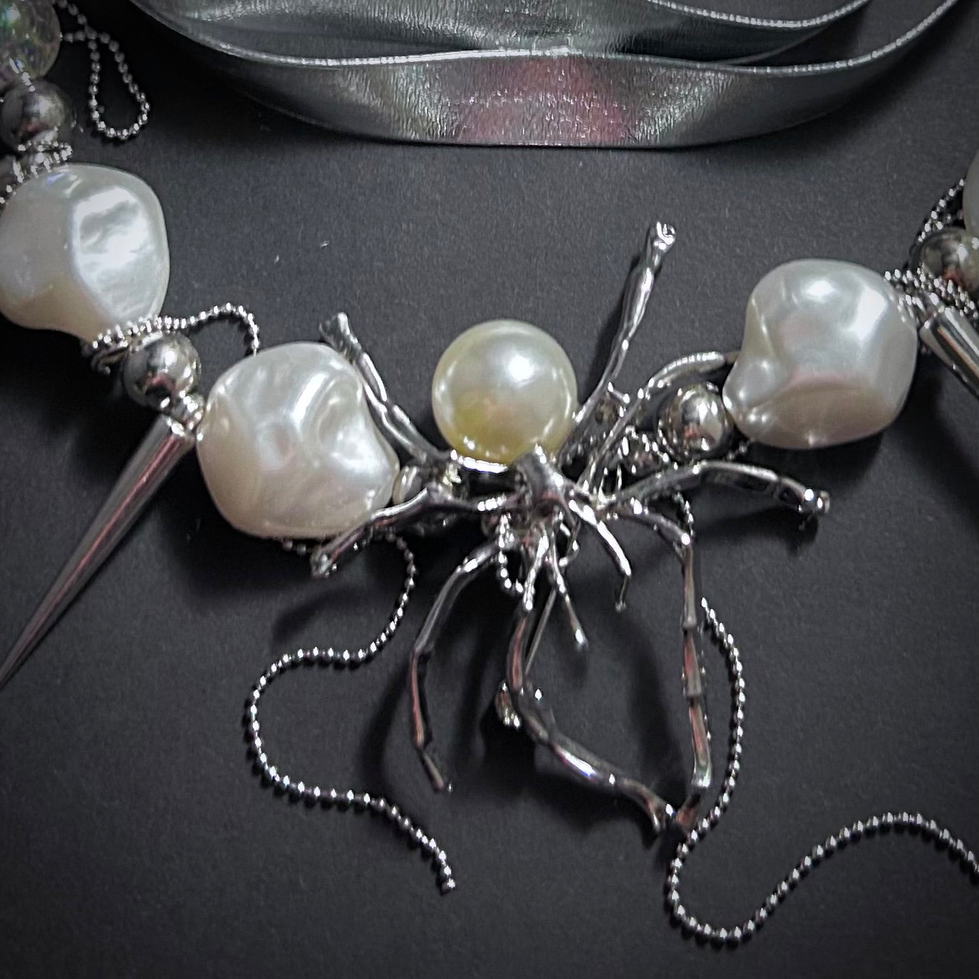 Spider, Spikes & Baroque Pearl Silver Punk Choker Necklace