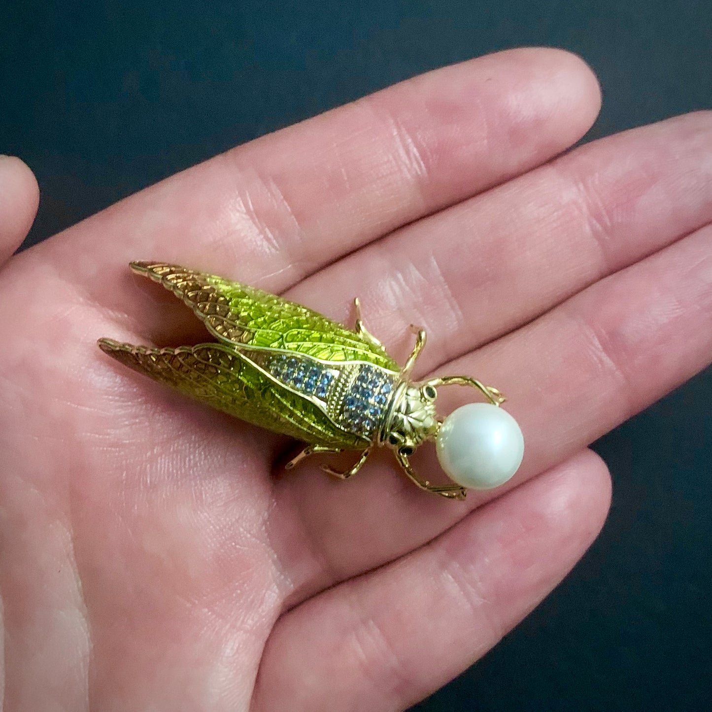 Cicada Green Enamel & White Pearl Gold Brooch