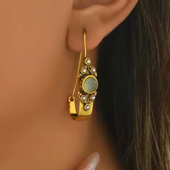 Art Nouveau Hoop Earrings in Jade, Pearl & Gold