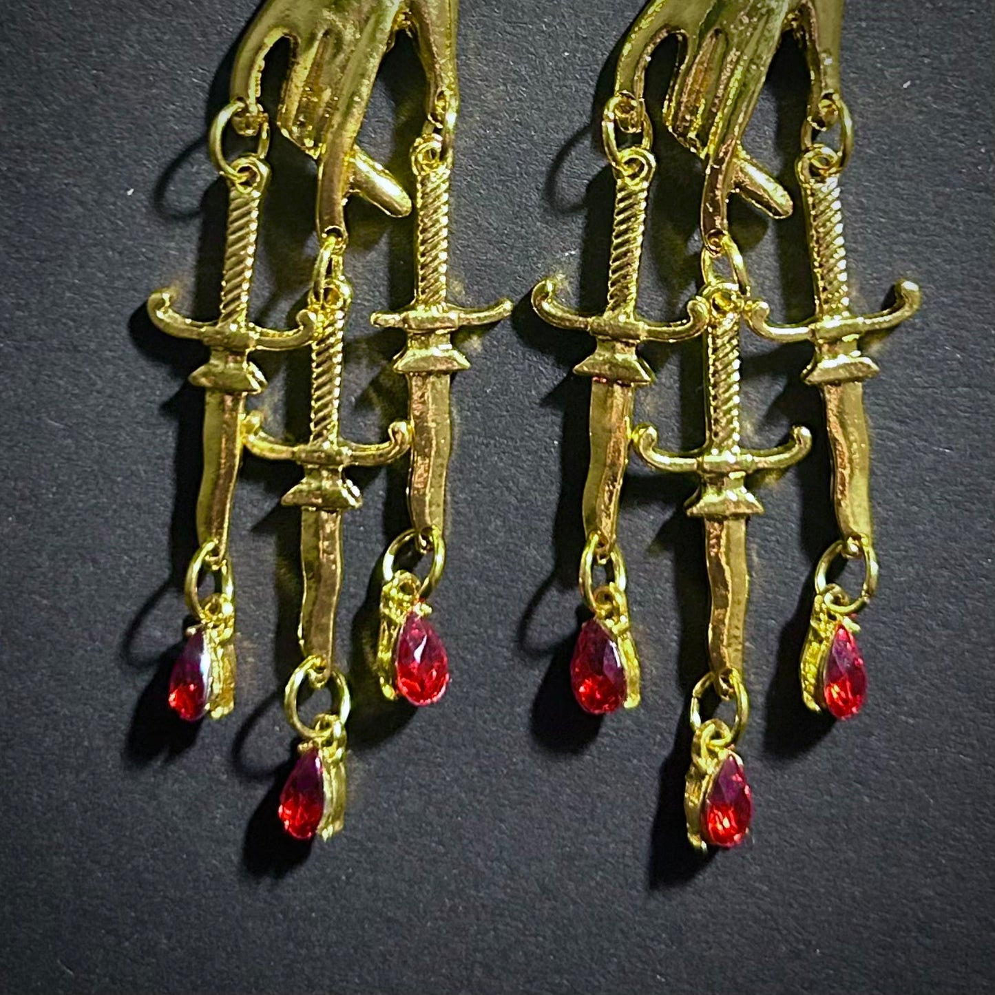 Hand, Dagger & Blood Drops Bad-Ass Golden Chandelier Earrings