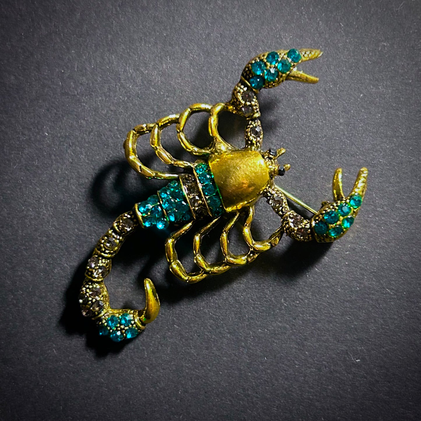 Gold Scorpion Brooch with Turquoise & Clear Rhinestones