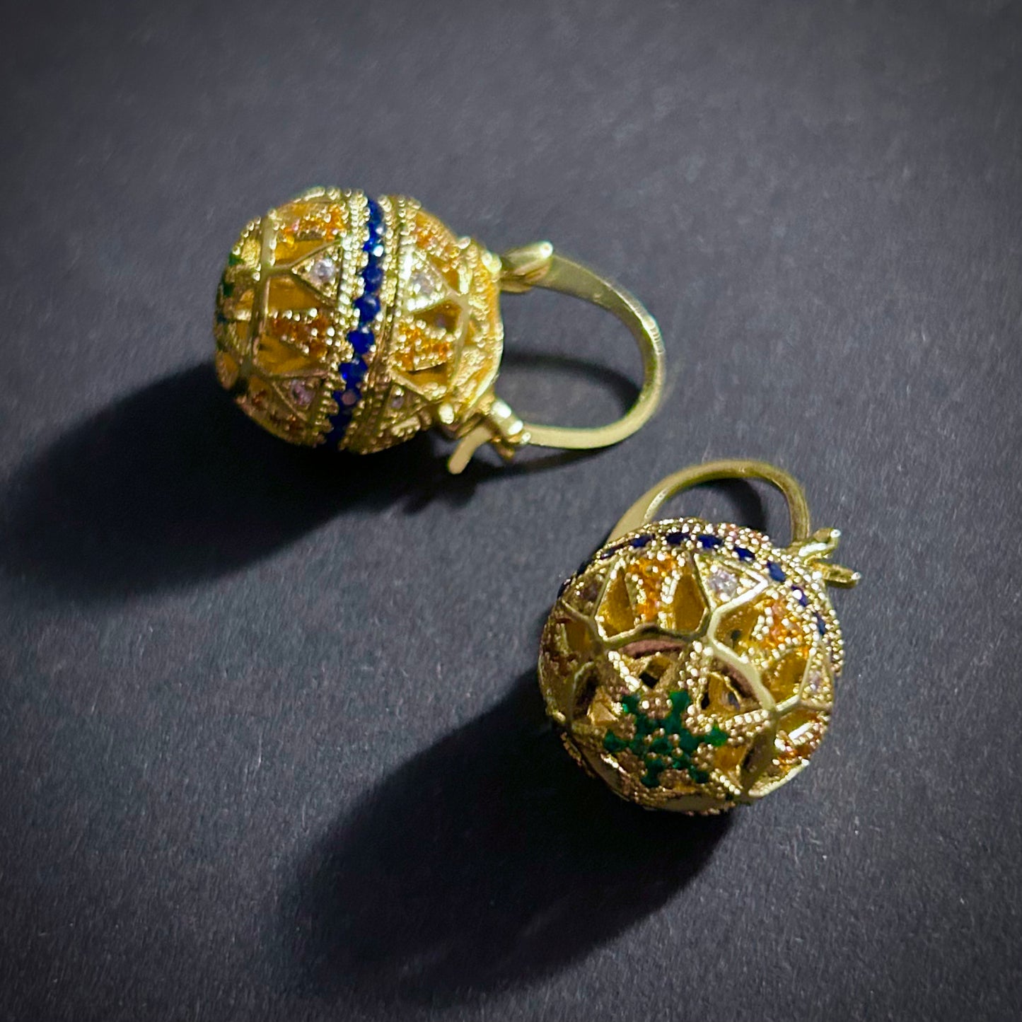 Byzantine Revival Multi-Color & Gold Hollow Orb Filigree Huggie Earrings