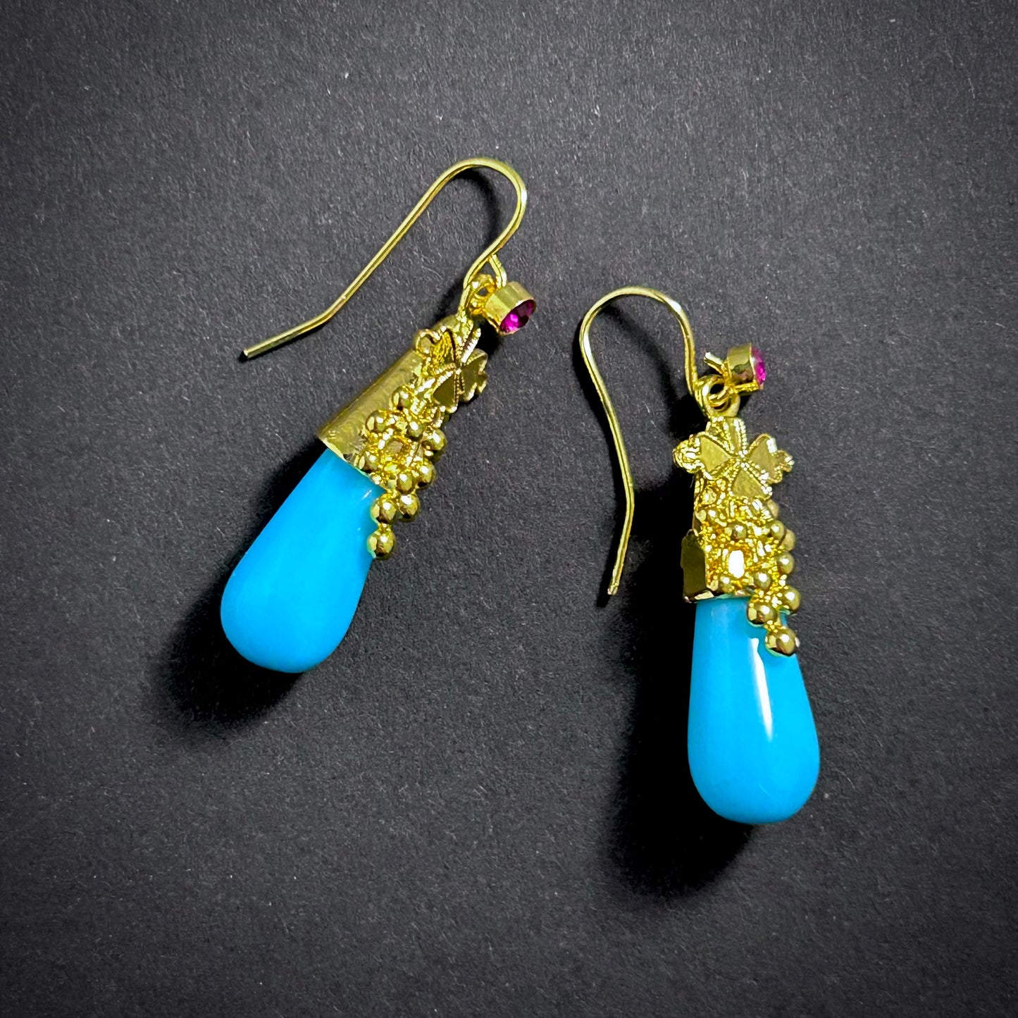 Turquoise Teardrop & Amethyst Rhinestone Gold Hook Earrings