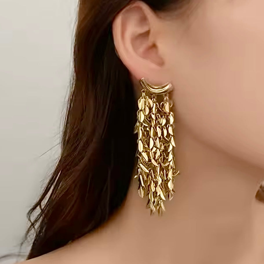 Leaves Waterfall Gold Tassel Statement Earrings