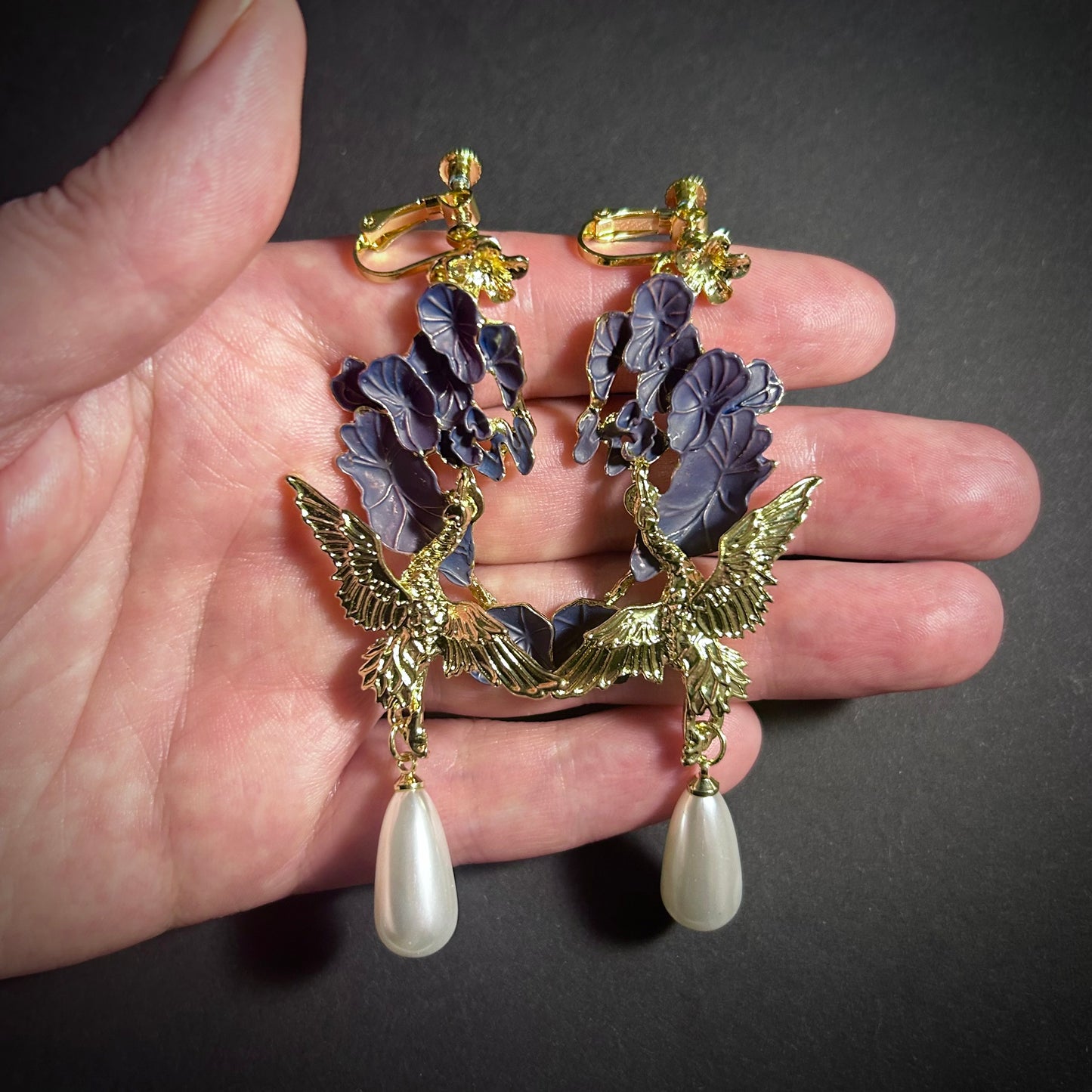 Crane & Dark Blue Clouds Art Nouveau Cloisonné Clip-On Earrings