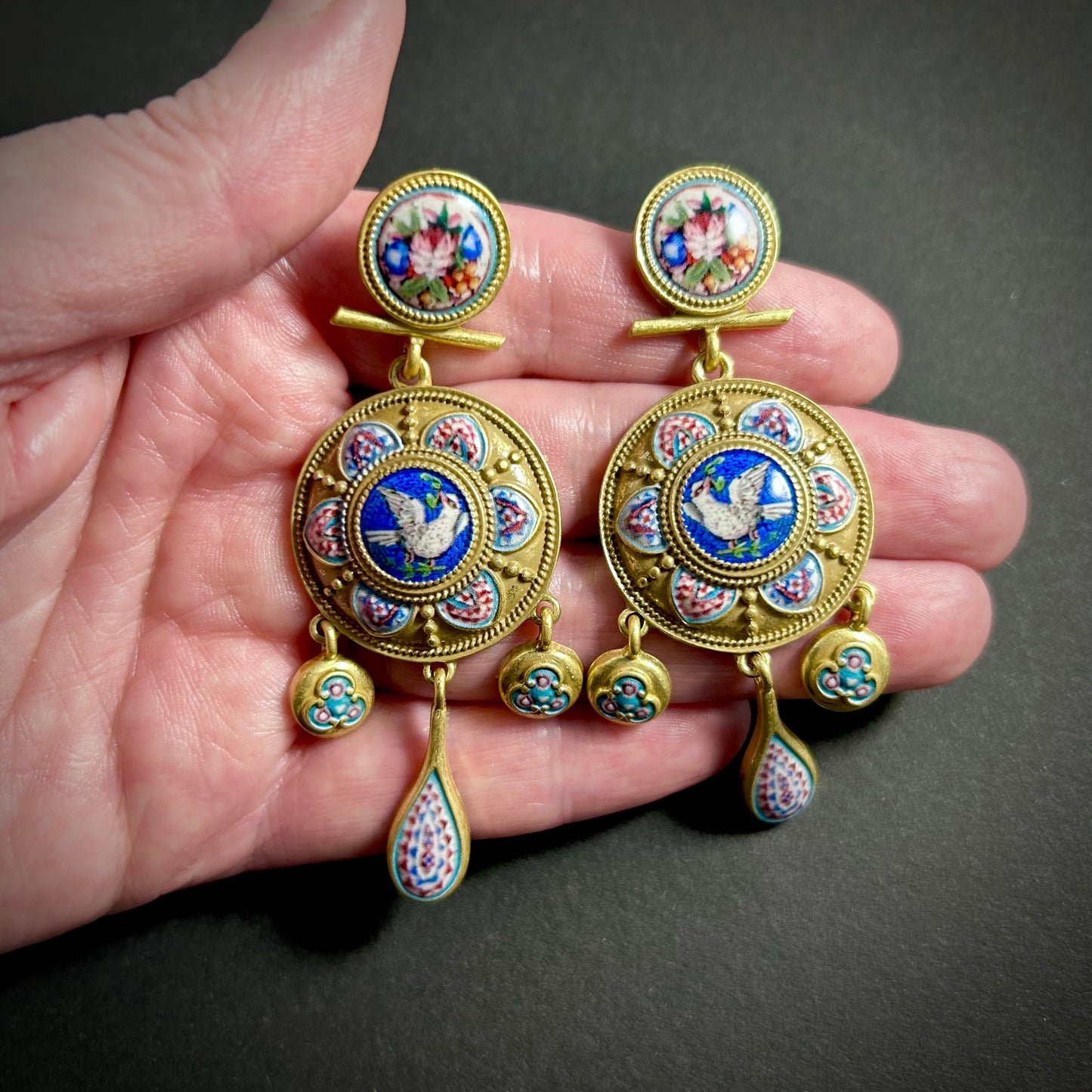 Victorian Micro Mosaic Chandelier Earrings in Gold
