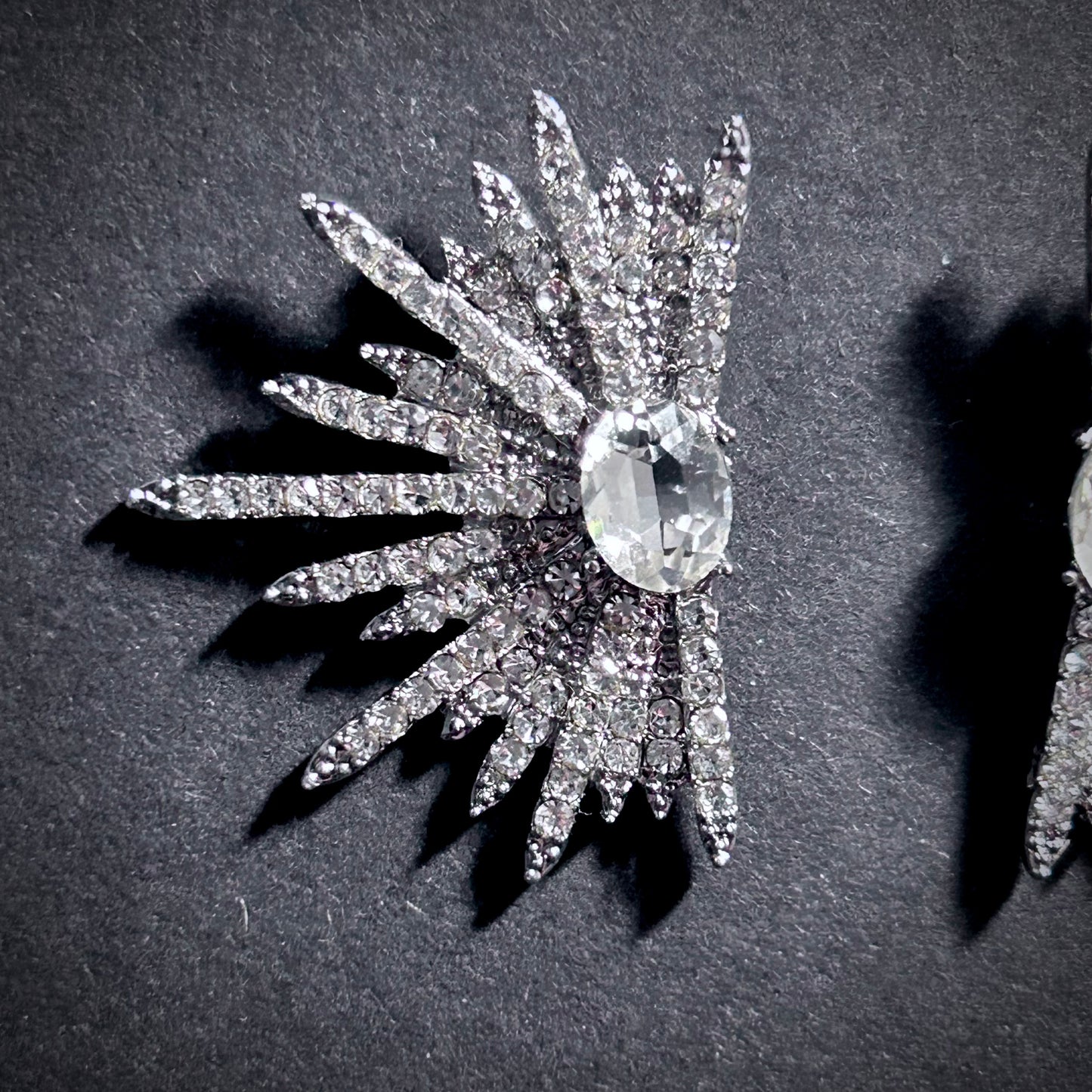 Spike Fan Earrings in Silver & Clear Rhinestones