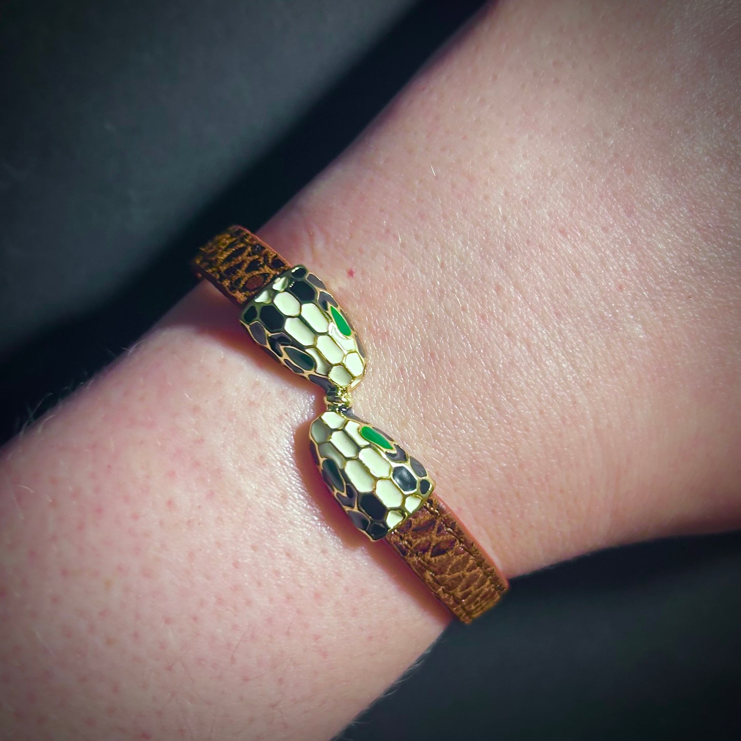 Enamel Snake Head & Brown Snake Skin Embossed Leather Bracelet