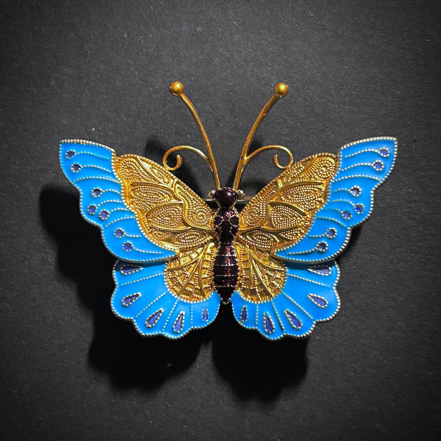 Intricate Butterfly Brooch with 18K Gold Plating & Blue Cloisonné Enamel