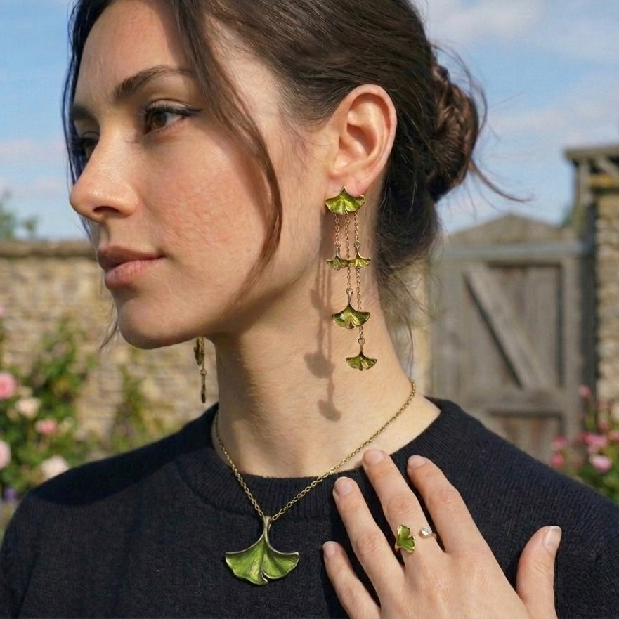 Ginkgo Leaf Enamel Stud Earrings with Ear Jacket
