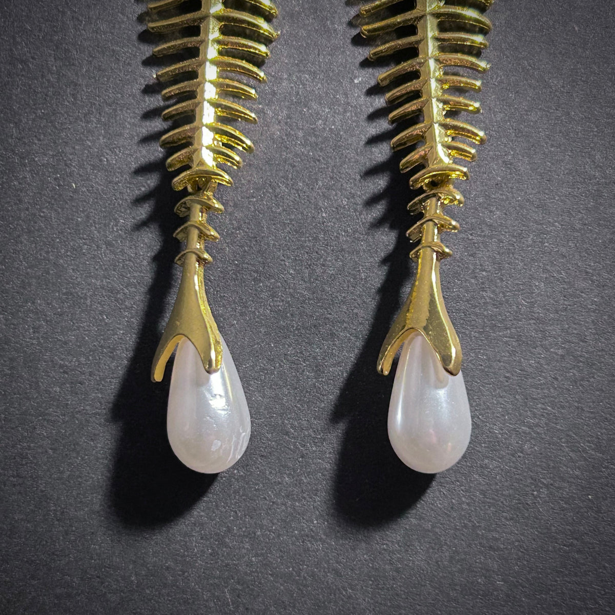 Fishbone & Baroque Pearl Statement Earrings in Gold