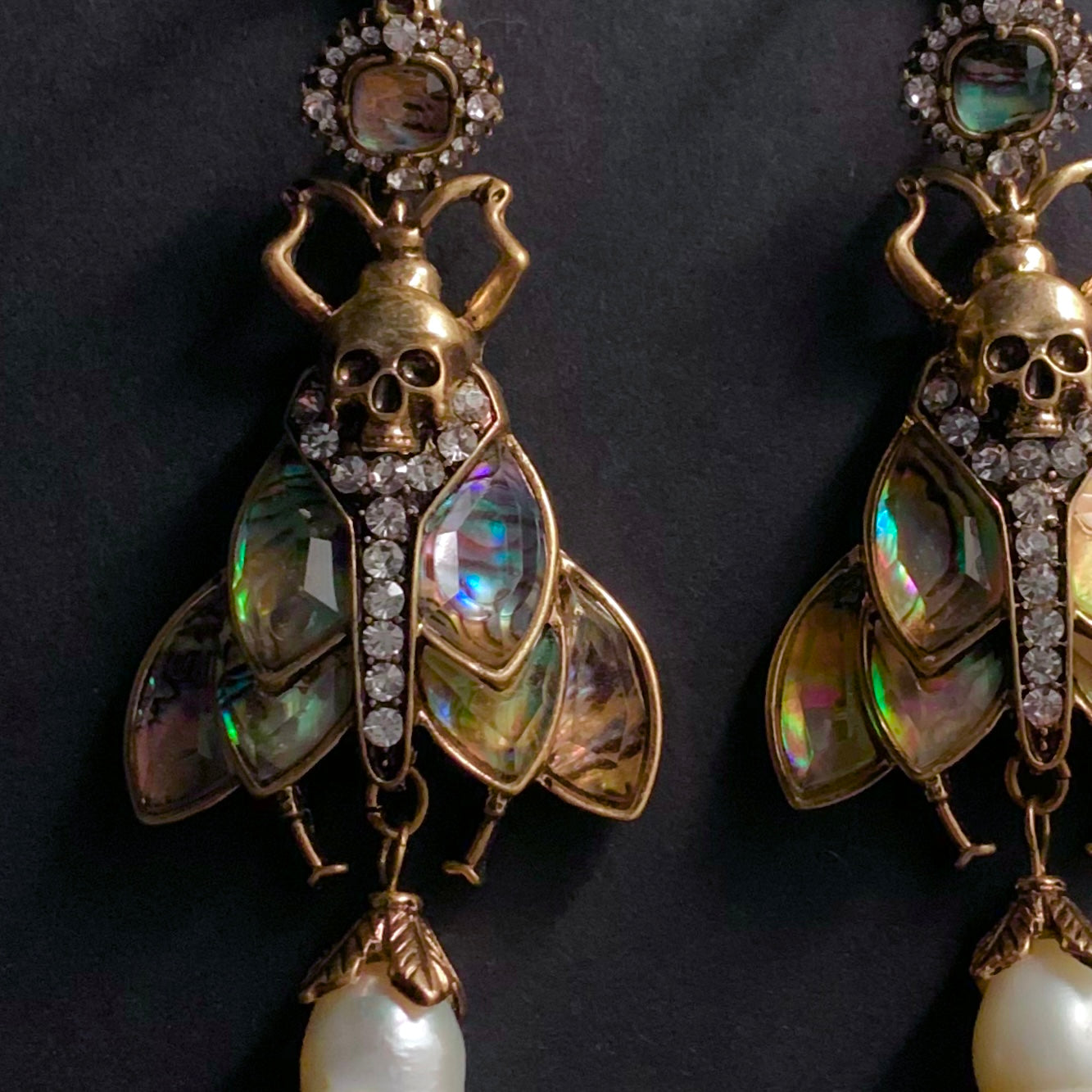 Moth, Skull & Baroque Pearl Abalone Statement Earrings