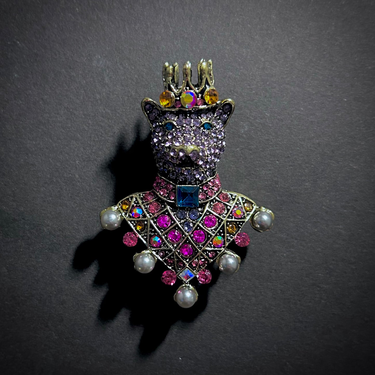 Wolf King Brooch in Gold & Multicolor Rhinestones
