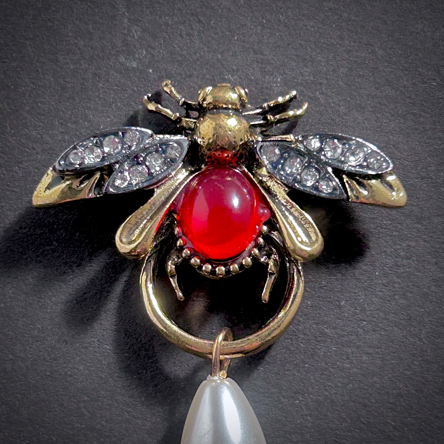 Bee, Ruby & White Pearl Gold Earrings
