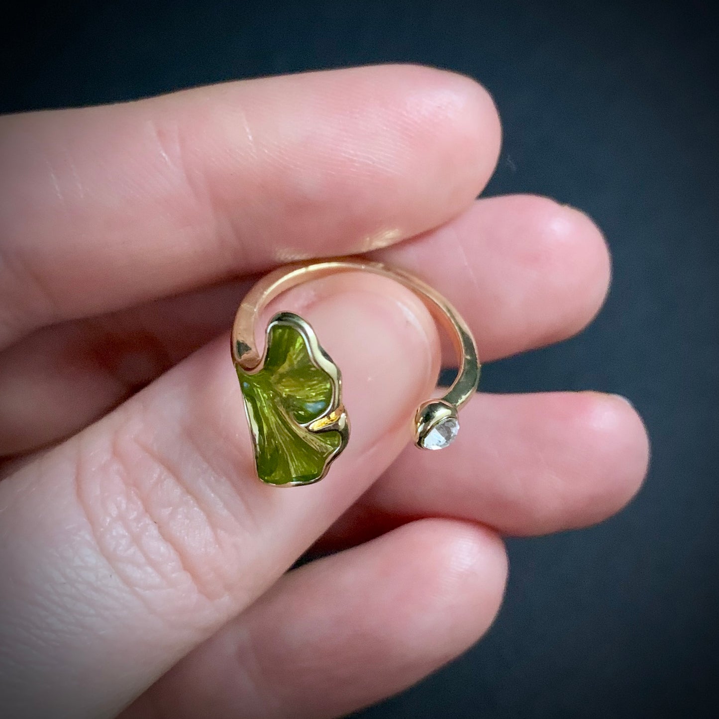 Ginkgo Leaf Enamel & Rhinestone Ring