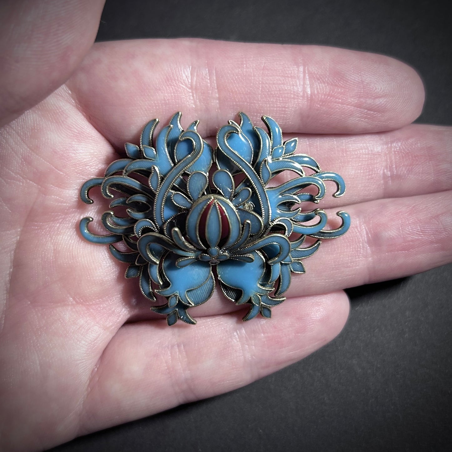 Art Nouveau Intricate Petrol Enamel & Gold Brooch