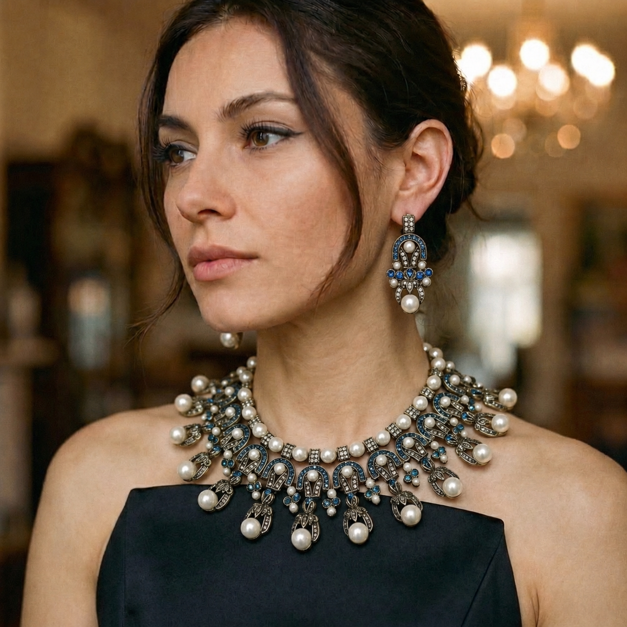Art Deco Pearl & Turquoise Gold Statement Necklace