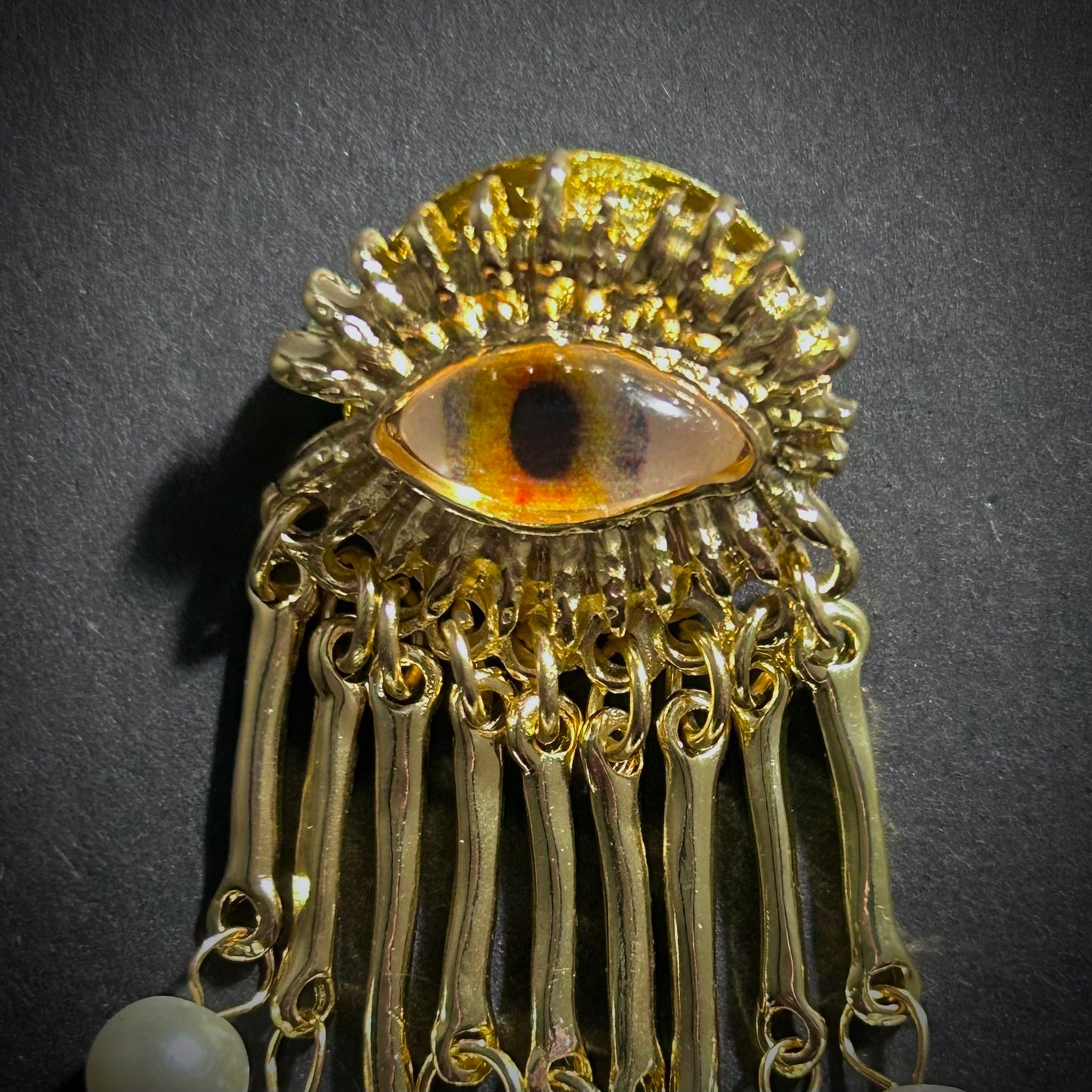 Golden Eye & Pearls Fringe Gold Surrealist Brooch