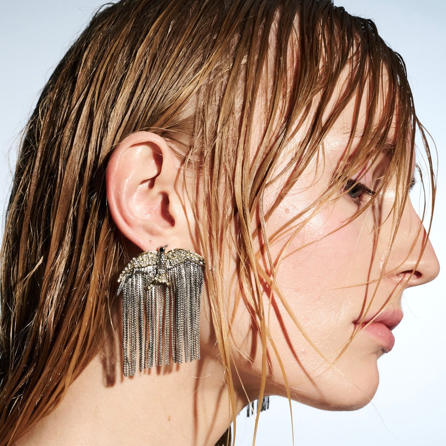 Bird & Metal Chain Fringe Silver & Gold Statement Earrings