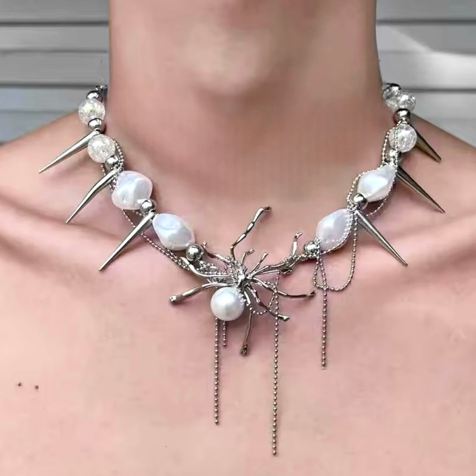 Spider, Spikes & Baroque Pearl Silver Punk Choker Necklace