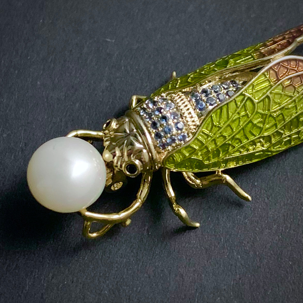 Cicada Green Enamel & White Pearl Gold Brooch