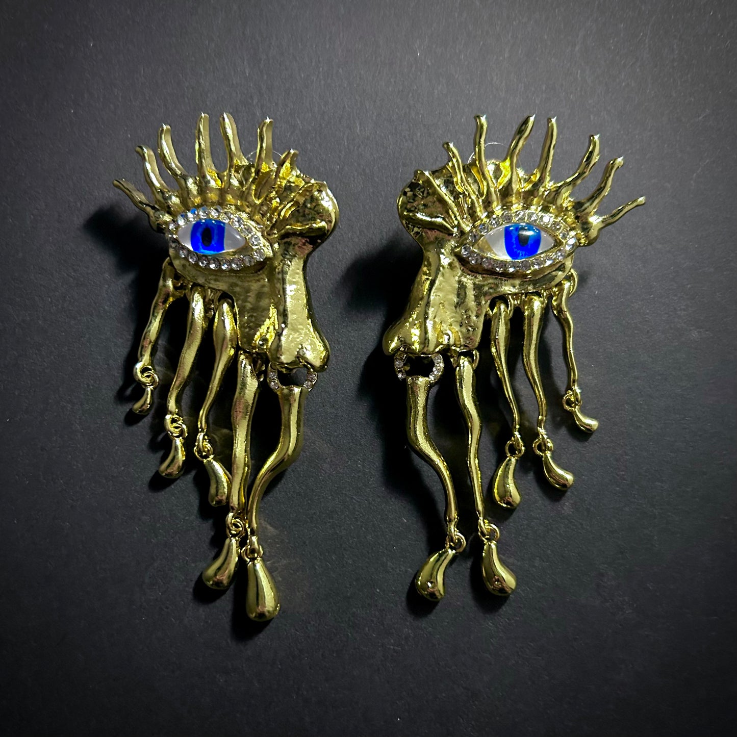 Blue Eyes & Dripping Metal Gold Fringe Surrealist Earrings