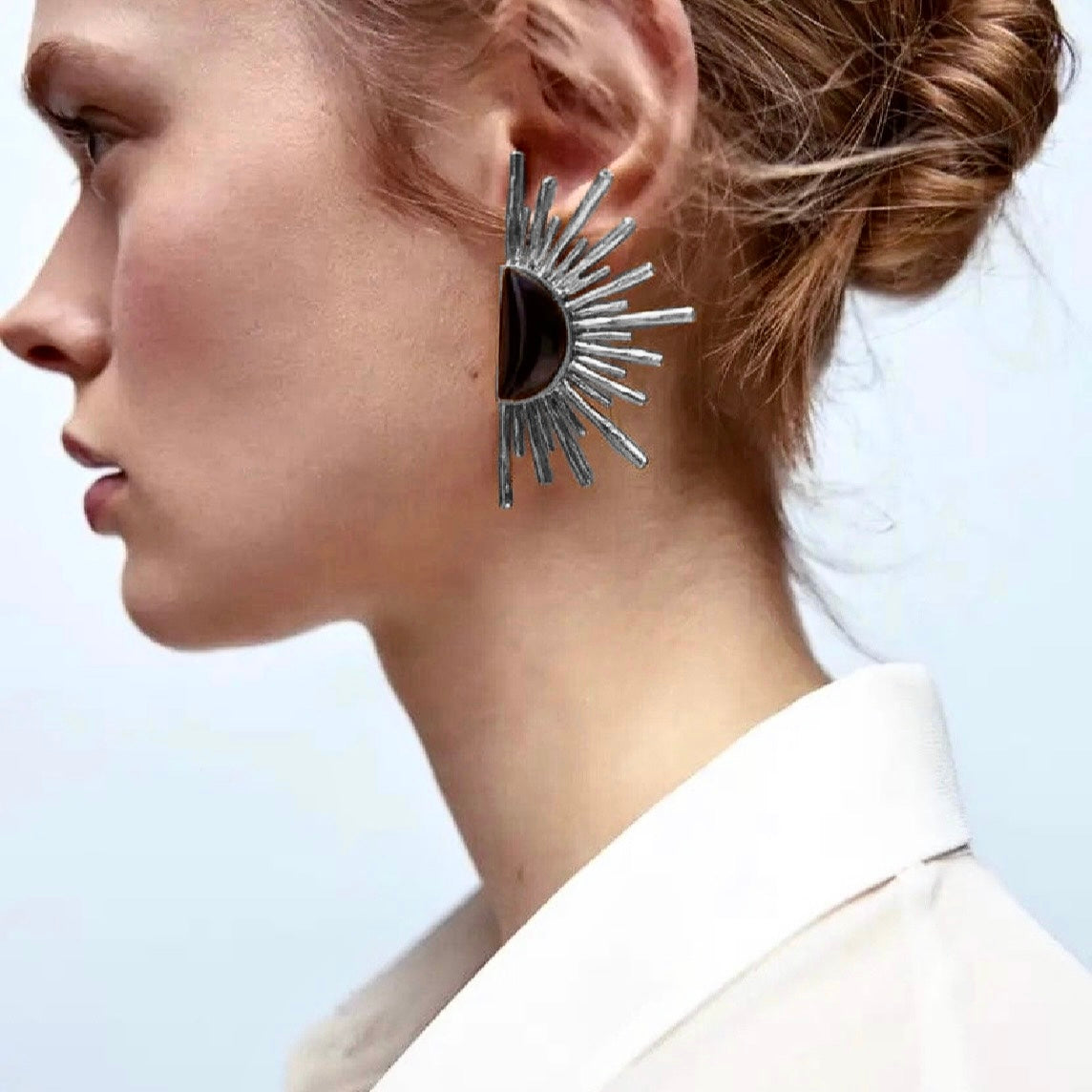 Black & Silver Sun Ray Fan Earrings