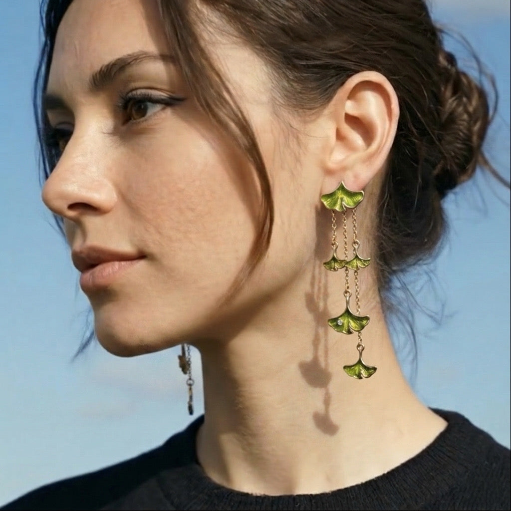 Ginkgo Leaf Enamel Stud Earrings with Ear Jacket