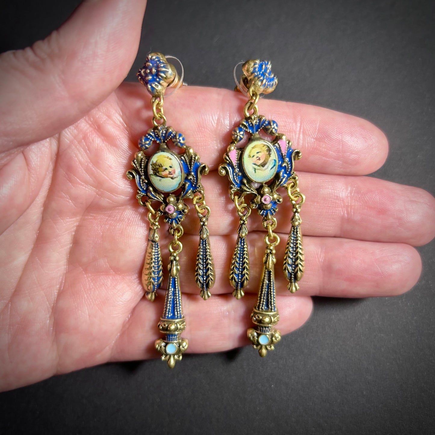 Rococo Enamel, Milgrain & Cherub Chandelier Earrings in Gold & Dark Blue
