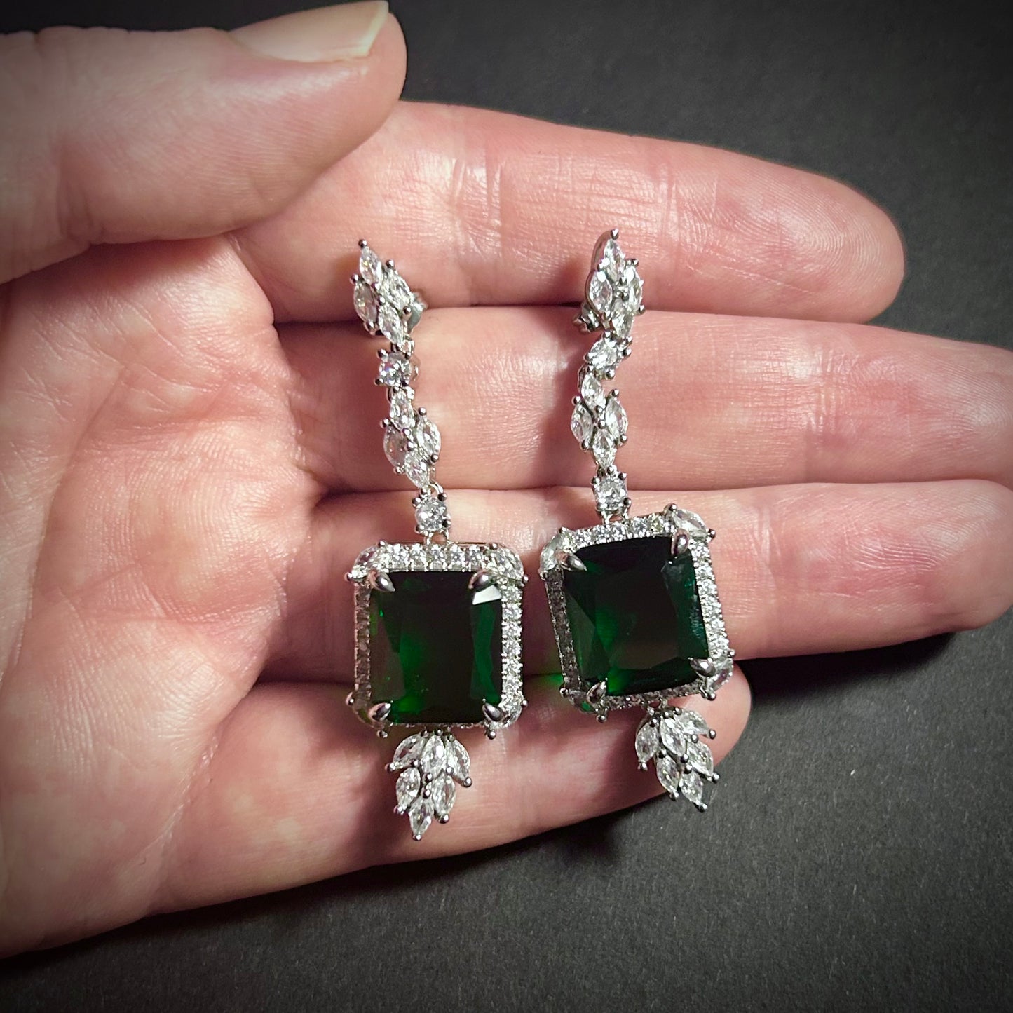 Ornate Emerald Rectangle Dangle Stud Earrings