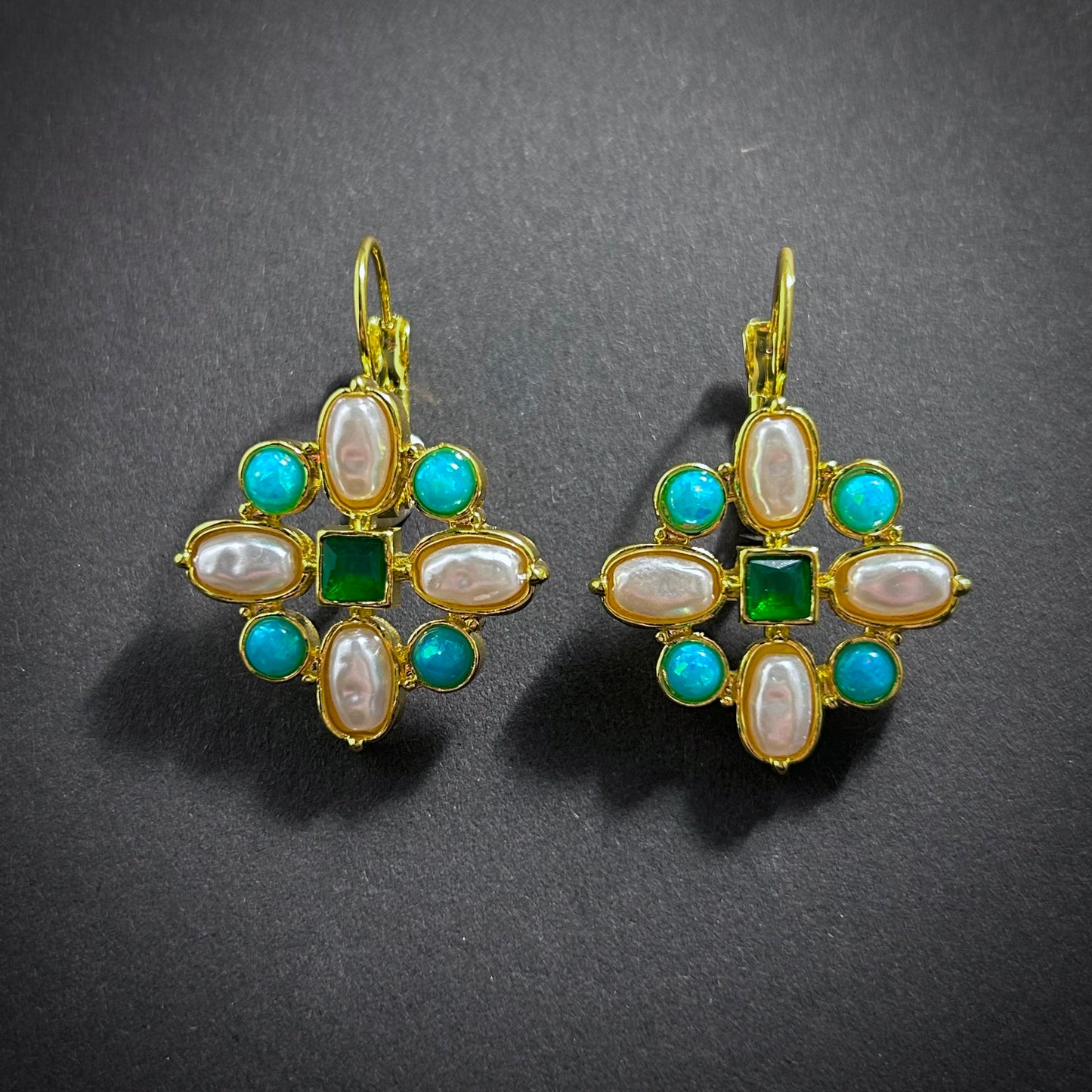 Art Nouveau Baroque Pearl & Turquoise Cross Gold Earrings