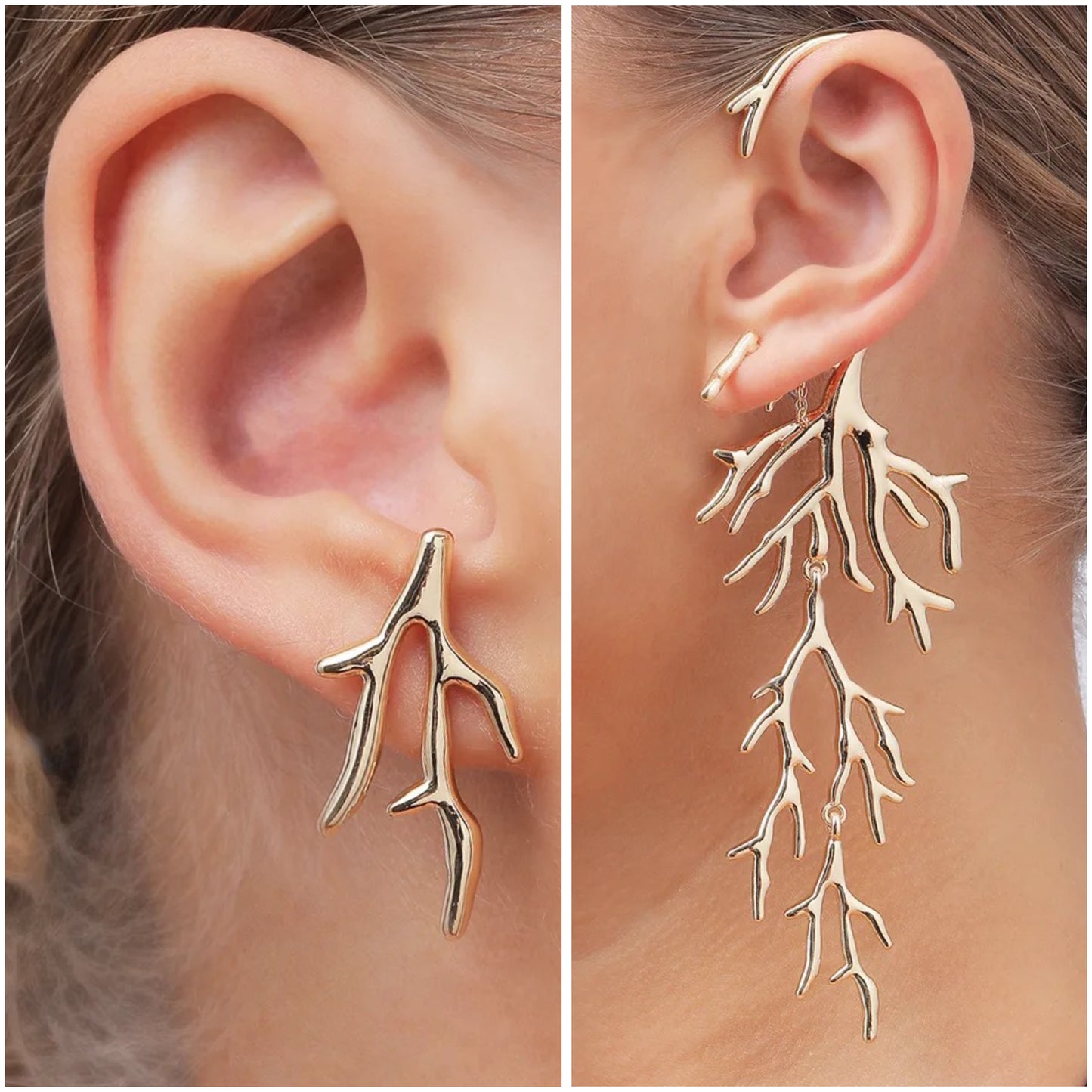 Gold Branch Ear Jacket & Earrings in Asymmetric Twig Set