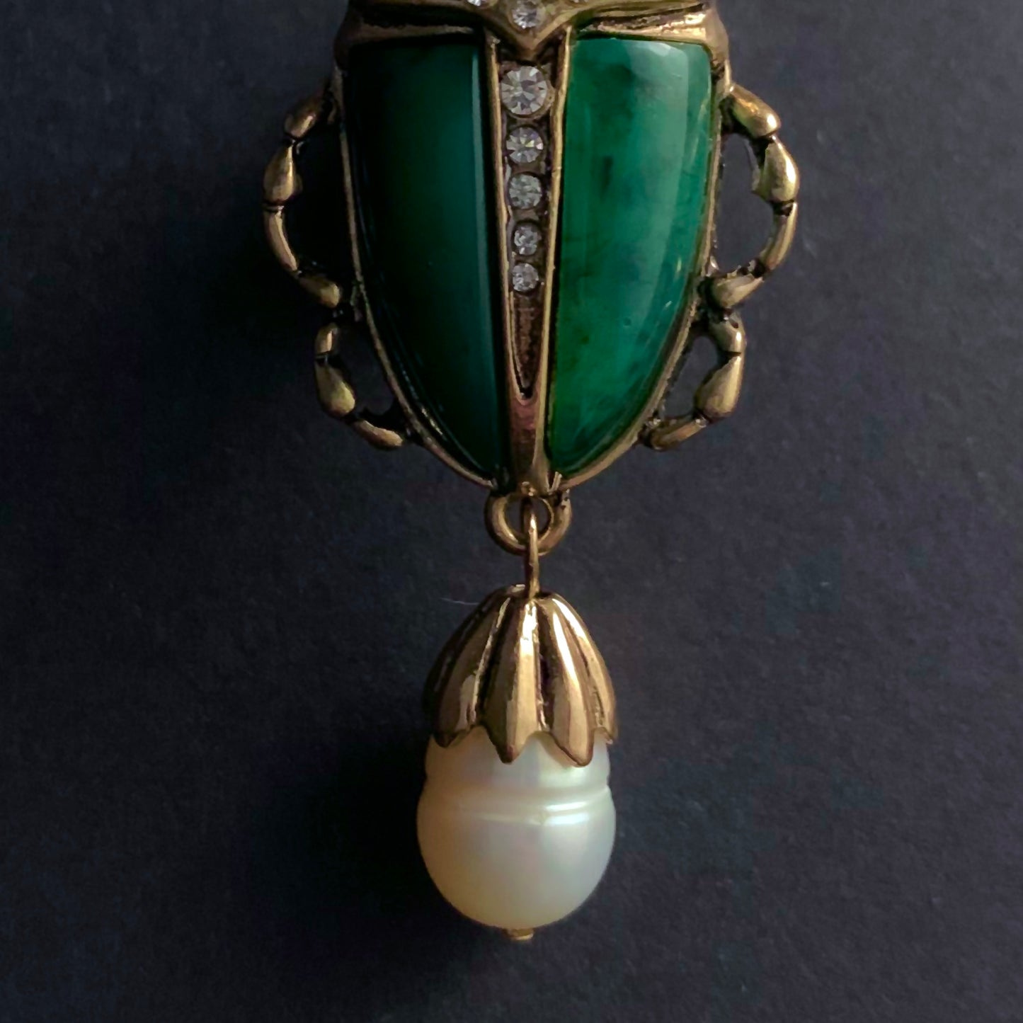 Scarab & Baroque Freshwater Pearl Jade Green Brooch Pin