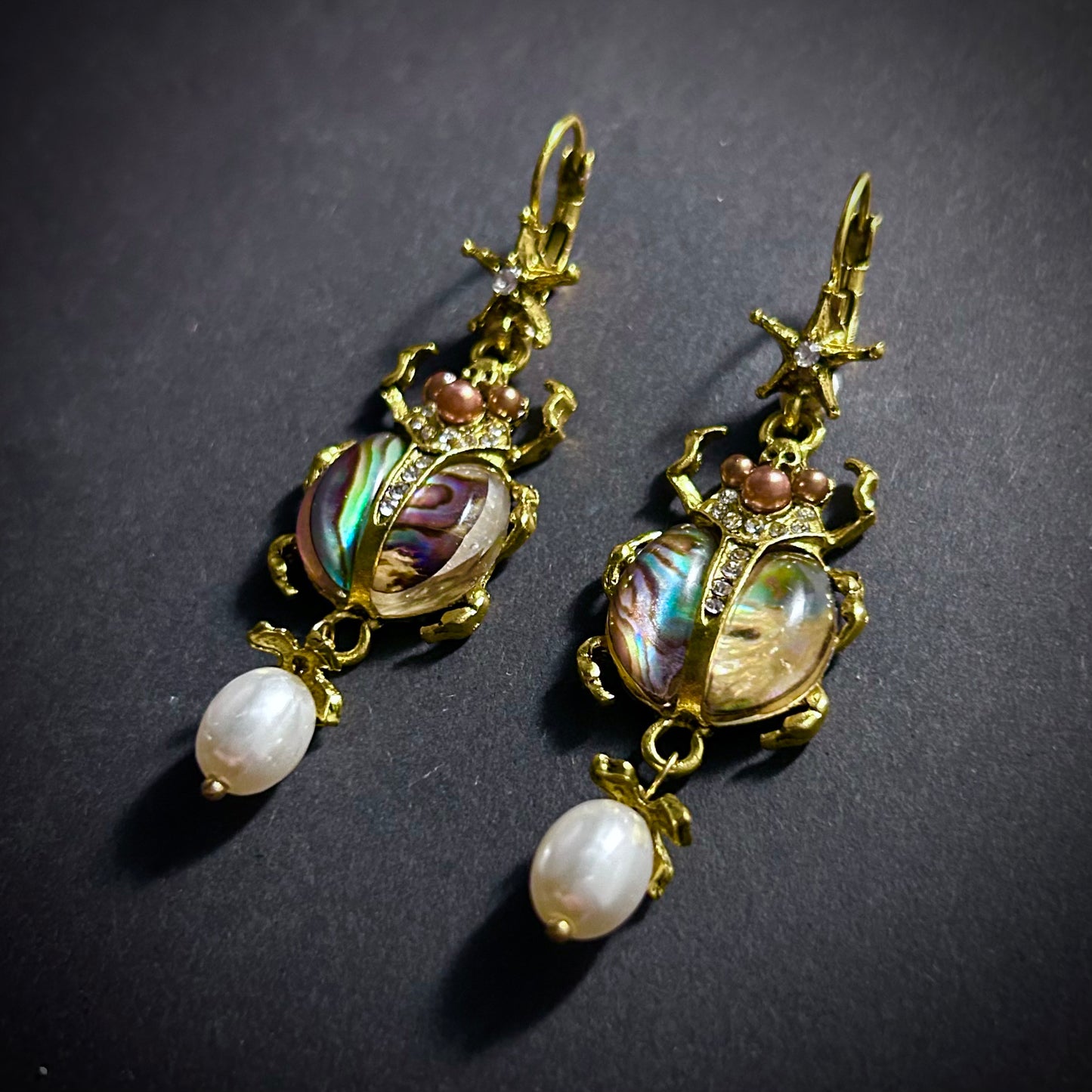 Scarab & Baroque Pearl Abalone Earrings