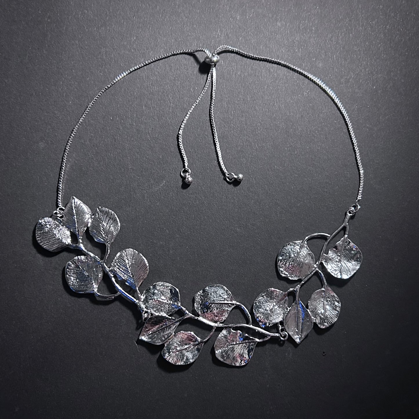 Silver Leaf & Branch Statement Bib Necklace