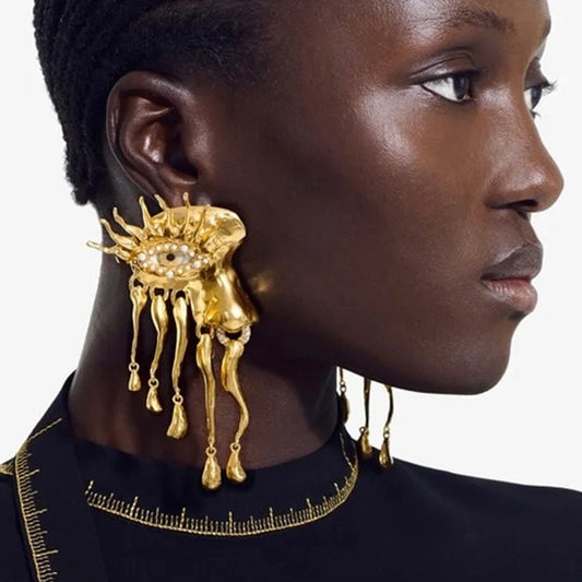 Yellow Eye Dripping Metal Fringe, Gold & Rhinestones Surrealist Earrings