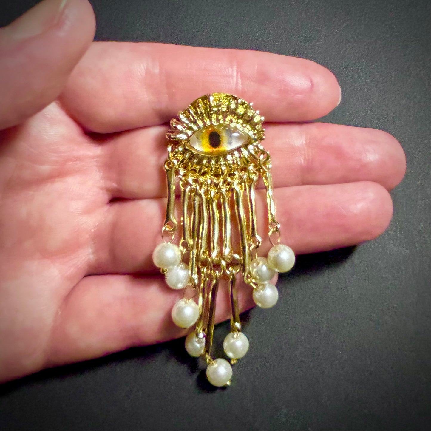 Golden Eye & Pearls Fringe Gold Surrealist Brooch