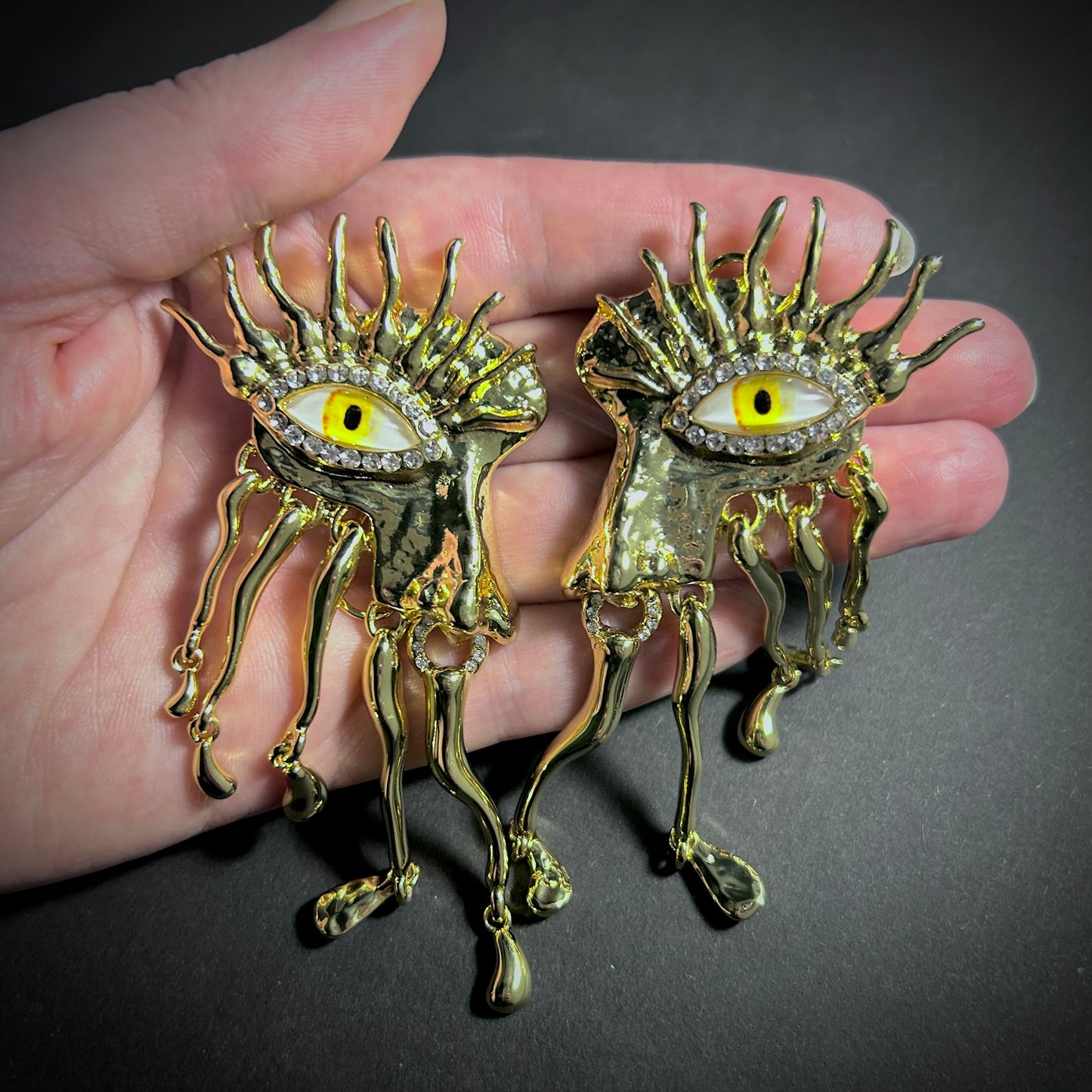 Yellow Eye Dripping Metal Fringe, Gold & Rhinestones Surrealist Earrings